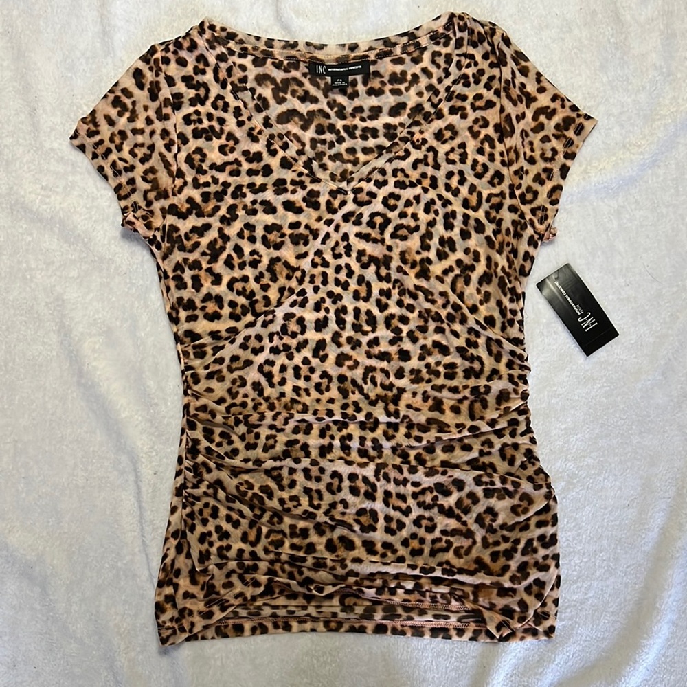 NWT INC V-Neck Ruched Sides Cheetah Mesh Top